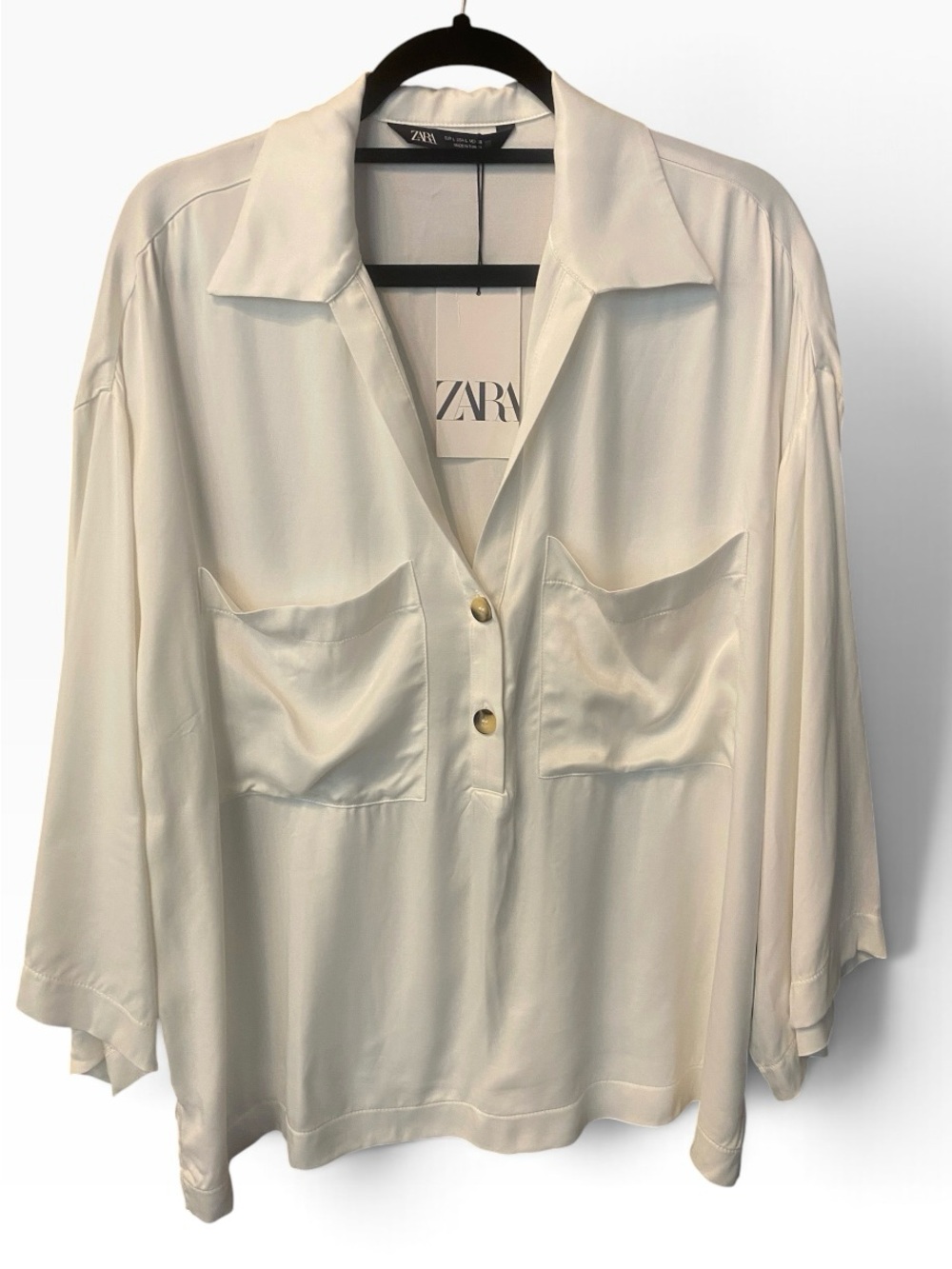 Zara Women’s Ivory Cream Satin-Look Pocket Oversized Blouse New Large